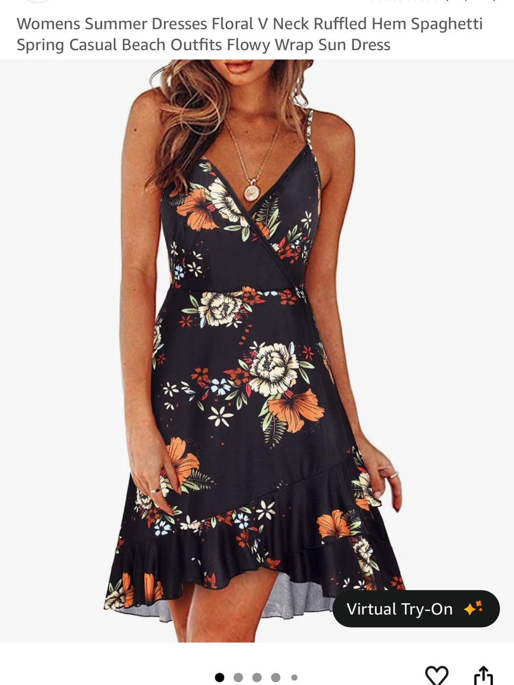 Floral Wrap-Front Spaghetti Strap Dress - Black with Orange Floral
